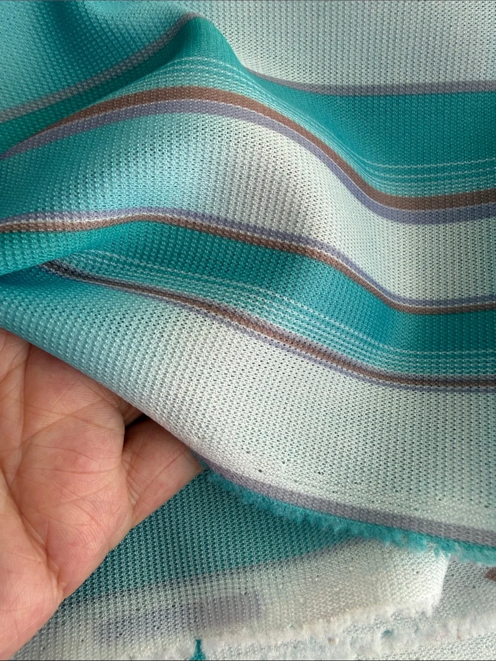Vintage 1970s Polyester Double Knit Stripe Fabric 1 Yard x 60” Turquoise White